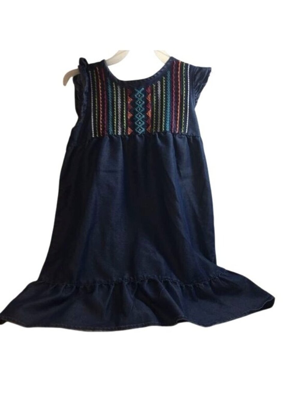 Kenzie Girls Dress Denim Blue Colorful Embroidery Ruffle Hem Ruffle Cap Sleeves